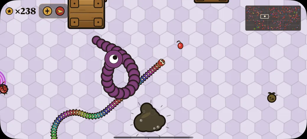 A run in progress: a long rainbow-segmented worm loops around a larger purple rival, with a score of 238, a minimap, and fruit scattered across the field.